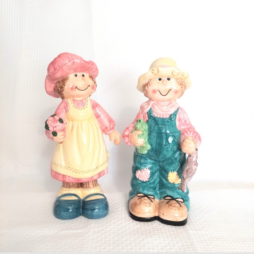 Vintage Lond Rich Figurines Boy Fish Girl Flowers 8.5 in Handpainted Cottage